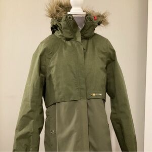 Helly Hansen long army green coat with faux fur hood (size medium)
